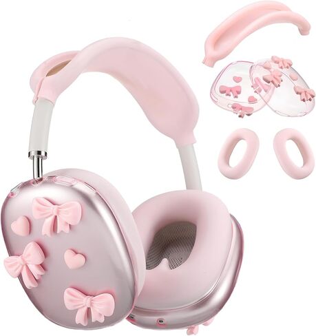 غطاء حافظة من السيليكون بفيونكة وردية من Kingdder متوافق مع سماعات Airpods Max، لطيف على شكل قلب شفاف متوافق مع Air Pod Max (USB-C)(2024/2020) واقي وسادة أذن وردي اللون للنساء in Kuwait