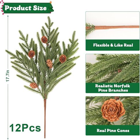 فروع عيد الميلاد RICHMYC 17.7 بوصة 6 قطع سيقان صنوبر نورفولك، سيقان صنوبر الأرز الاصطناعي سيقان صنوبر خضراء صناعية لمزهرية إكليل إكليل عيد الميلاد لتزيين عيد الميلاد in Saudi Arabia