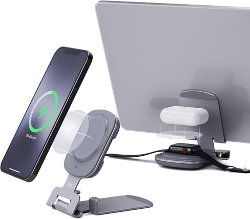 شاحن لاسلكي مغناطيسي لهاتف iPhone 16/15/14/13/12 حامل شاحن آمن PD15W USB C، شحن لاسلكي سريع مزدوج الجوانب دوار قابل للتعديل لهاتف iPhone/AirPods 2/3/Pro 2 in Kuwait