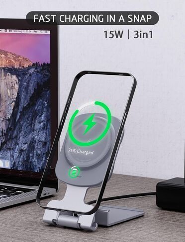 شاحن لاسلكي مغناطيسي لهاتف iPhone 16/15/14/13/12 حامل شاحن آمن PD15W USB C، شحن لاسلكي سريع مزدوج الجوانب دوار قابل للتعديل لهاتف iPhone/AirPods 2/3/Pro 2 in Kuwait