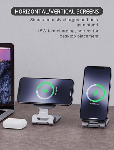شاحن لاسلكي مغناطيسي لهاتف iPhone 16/15/14/13/12 حامل شاحن آمن PD15W USB C، شحن لاسلكي سريع مزدوج الجوانب دوار قابل للتعديل لهاتف iPhone/AirPods 2/3/Pro 2 in Kuwait