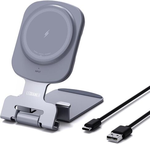 شاحن لاسلكي مغناطيسي لهاتف iPhone 16/15/14/13/12 حامل شاحن آمن PD15W USB C، شحن لاسلكي سريع مزدوج الجوانب دوار قابل للتعديل لهاتف iPhone/AirPods 2/3/Pro 2 in Kuwait