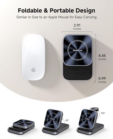 شاحن لاسلكي بوضع الاستعداد لـ iPhone لسلسلة iPhone 17-14 (أفقي فقط)، محطة 3 في 1 قابلة للطي لساعة Apple Watch Ultra 2/11/10/9/8 وAirPods 4/Pro 3/Pro 2، SwanScout 713A (بدون محول) in Saudi Arabia