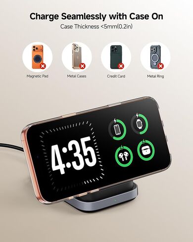 شاحن لاسلكي بوضع الاستعداد لـ iPhone لسلسلة iPhone 17-14 (أفقي فقط)، محطة 3 في 1 قابلة للطي لساعة Apple Watch Ultra 2/11/10/9/8 وAirPods 4/Pro 3/Pro 2، SwanScout 713A (بدون محول) in Saudi Arabia