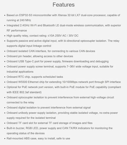 Industrial 8-Channel ESP32-S3 WiFi Relay Module, Built-in Xtensa 32-bit LX7 Dual-core Processor, Onboard Isolated CAN Interface, PoE Ethernet Port @XYGStudy (ESP32-S3-POE-ETH-8DI-8RO-C) in Saudi Arabia