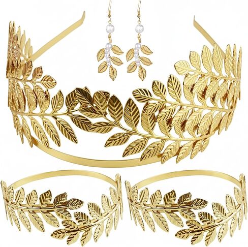 5 Pcs Greek Roman Goddess Jewelry Set, Gold Laurel Leaf Headpiece, Leaf Arm Cuff, Coil Bracelet, Leaf Dangle Earrings for Bridal Wedding, Halloween Festival, Toga Party Cosplay in Saudi Arabia
