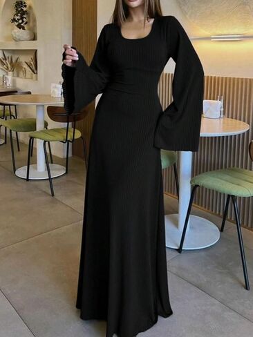 Women's Elegant Square Neck Long Sleeve Maxi Dress Ribbed Knit Bodycon Evening Party Dress with Bell Sleeves in Saudi Arabia
