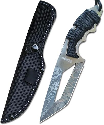 DOOM BLADE 8.07 بوصة سكين صيد ذو نصل ثابت مع غمد نايلون، سكين بقاء، سكين باوي كامل تانغ مع مقبض باراكورد، للصيد، والتخييم، وصناعة الأشجار، هدية رجل وامرأة (أسود) in Kuwait