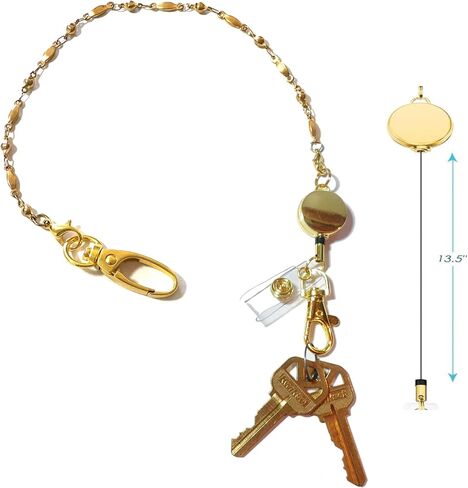 Hidden Hollow Beads Retractable Reel Key Keeper 12" Women's Gold Stainless Steel Hand Strap Chain Finder Organizer Wallet Purse Lanyard Holder Ring in Saudi Arabia