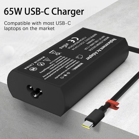 شاحن USB C بقدرة 65 وات، محول تيار متردد للشحن السريع متوافق مع Thinkpad/Yoga/Chromebook-T14 T15 X1 Carbon Gen 12 Yoga 7i/9i 500e C340 S340 دعم شاحن الكمبيوتر للاستخدام في المكتب والمنزل والسفر in Kuwait