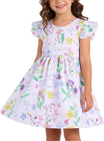 Easter Toddler Girl Dress Bunny Eggs Rabbit Print Short Sleeve Outfits 3-8Y in Saudi Arabia
