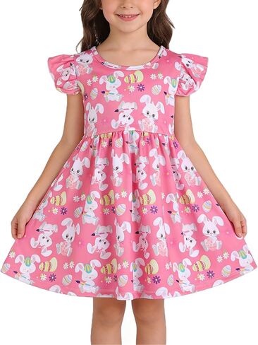 Easter Toddler Girl Dress Bunny Eggs Rabbit Print Short Sleeve Outfits 3-8Y in Saudi Arabia