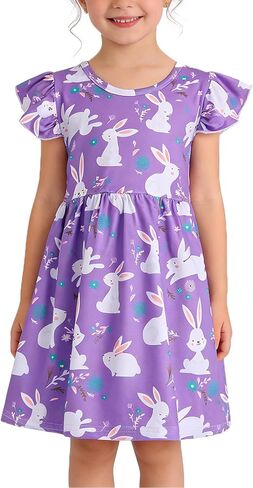 Easter Toddler Girl Dress Bunny Eggs Rabbit Print Short Sleeve Outfits 3-8Y in Saudi Arabia