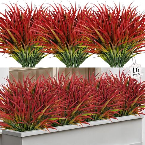 Besteek 16 Pcs Artificial Plants Outdoor Fake Grass Faux Greenery Stems UV Resistant Plastic Plants Shrubs for Planters Patio Garden Front Porch Pathway Spring Summer Home Decor, Red in Saudi Arabia