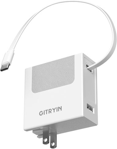 Gitryin 65W USB C Retractable Wall Charger with Built-in Type-C Cable, 2-in-1 Foldable Fast Charger Block, Travel Essentials Compatible for Laptop, MacBook Pro/Air, iPhone 16/15, iPad, Galaxy, Pixel in Kuwait