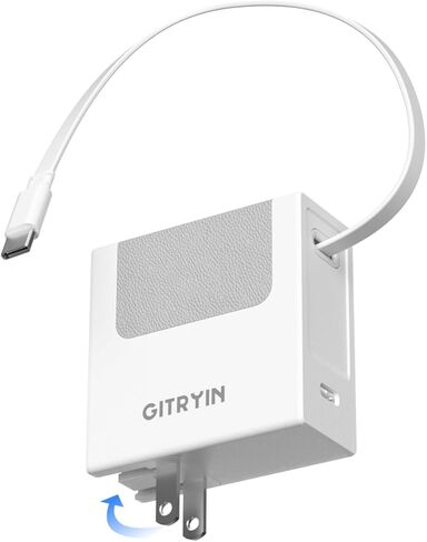 Gitryin 65W USB C Retractable Wall Charger with Built-in Type-C Cable, 2-in-1 Foldable Fast Charger Block, Travel Essentials Compatible for Laptop, MacBook Pro/Air, iPhone 16/15, iPad, Galaxy, Pixel in Kuwait