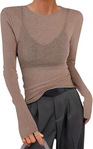 Avanova Women Mesh Sheer Long Sleeve Top See Through Sexy Going Out Shirts in Saudi Arabia