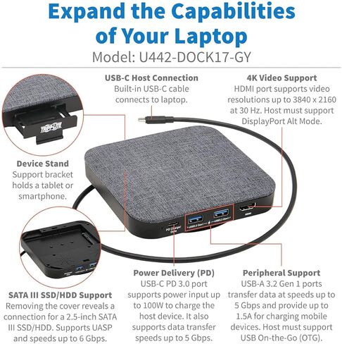 Tripp Lite USB C Dock Single Display 4K HDMI USB-A/USB C Hub 100W Charging (U442-DOCK17-GY) in Saudi Arabia