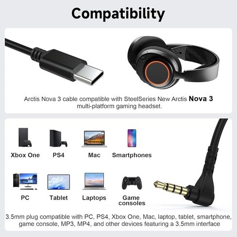كابل Arctis Nova 3 متوافق مع سماعة ألعاب SteelSeries New Arctis Nova 3 متعددة المنصات، كابل سماعة رأس USB-C إلى 3.5 مم للكمبيوتر الشخصي، PS4، Xbox One، Mac، الهواتف الذكية، الأجهزة اللوحية، 4.9 قدم in Saudi Arabia