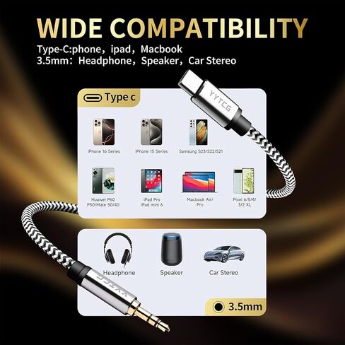 Audiophile HiFi USB-C to 3.5mm Aux Cable 3.93ft/1.2m - 4N OFC Core, 24K Gold-Plated Plug, Nylon Braided, Compatible with Headphones/Amplifiers for Car/Home in Saudi Arabia