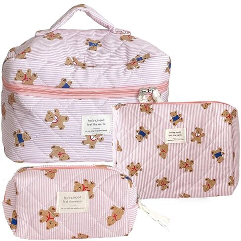 JINFANRUI 3PCS Quilted Make Up Bag Set Cute Cotton Make Up Pouch Blue Striped Bear Cosmetic Bag Set Large Travel Toiletry Bag For Women(B) in Saudi Arabia