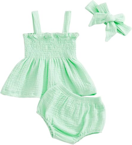 MERSARIPHY Newborn Baby Girl Summer Clothes Boho Linen Sleeveless Smocked Tank Tops Bottom Shorts Set 3Pcs Infant Outfits in Saudi Arabia