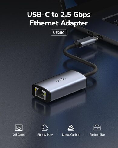 محول Cudy USB-C إلى 2.5 جيجابت في الثانية إيثرنت، محول شبكة سلكية، محول RJ45 من الألومنيوم بسرعة 2500 ميجابت في الثانية Thunderbolt LAN، متوافق مع الكمبيوتر المحمول والهاتف والكمبيوتر اللوحي وما إلى ذلك، UE25C in Saudi Arabia