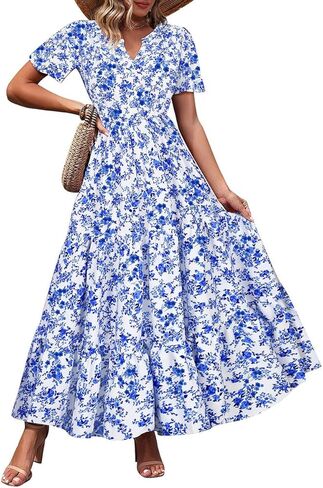 TIYOMI Plus Size Dress for Curvy Women 3X Short Sleeve Summer Plaid Maxi Dress V Neck Blue & White Gingham Dresses Church Wedding Guest Flowy Spring Dresses with Pockets 3XL 22W 24W in Saudi Arabia