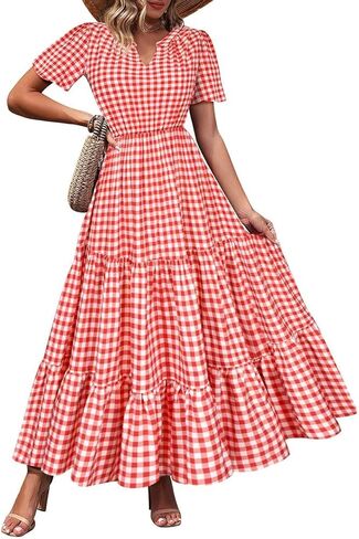 TIYOMI Plus Size Dress for Curvy Women 3X Short Sleeve Summer Plaid Maxi Dress V Neck Blue & White Gingham Dresses Church Wedding Guest Flowy Spring Dresses with Pockets 3XL 22W 24W in Saudi Arabia