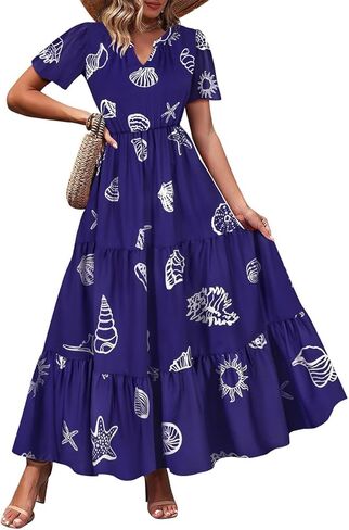 TIYOMI Plus Size Dress for Curvy Women 3X Short Sleeve Summer Plaid Maxi Dress V Neck Blue & White Gingham Dresses Church Wedding Guest Flowy Spring Dresses with Pockets 3XL 22W 24W in Saudi Arabia