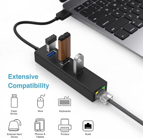 محول USB-C إلى إيثرنت، محور USB 3.0 ذو 3 منافذ مع جيجابت إيثرنت، محول شبكة LAN من USB إلى RJ45 LAN بسرعة 10/100/1000 ميجابت في الثانية لأجهزة MacBook والكمبيوتر المحمول in Kuwait