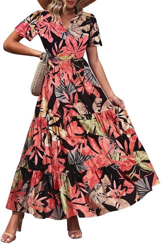 TIYOMI Plus Size Dress for Curvy Women 3X Short Sleeve Summer Plaid Maxi Dress V Neck Blue & White Gingham Dresses Church Wedding Guest Flowy Spring Dresses with Pockets 3XL 22W 24W in Saudi Arabia