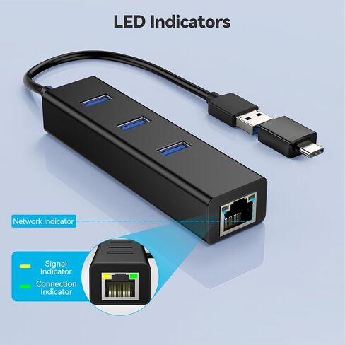 محول USB-C إلى إيثرنت، محور USB 3.0 ذو 3 منافذ مع جيجابت إيثرنت، محول شبكة LAN من USB إلى RJ45 LAN بسرعة 10/100/1000 ميجابت في الثانية لأجهزة MacBook والكمبيوتر المحمول in Kuwait