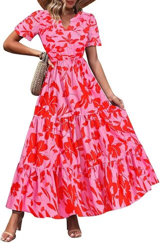 TIYOMI Plus Size Dress for Curvy Women 3X Short Sleeve Summer Plaid Maxi Dress V Neck Blue & White Gingham Dresses Church Wedding Guest Flowy Spring Dresses with Pockets 3XL 22W 24W in Saudi Arabia