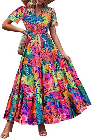 TIYOMI Plus Size Dress for Curvy Women 3X Short Sleeve Summer Plaid Maxi Dress V Neck Blue & White Gingham Dresses Church Wedding Guest Flowy Spring Dresses with Pockets 3XL 22W 24W in Saudi Arabia