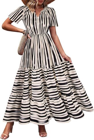 TIYOMI Plus Size Dress for Curvy Women 3X Short Sleeve Summer Plaid Maxi Dress V Neck Blue & White Gingham Dresses Church Wedding Guest Flowy Spring Dresses with Pockets 3XL 22W 24W in Saudi Arabia