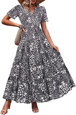 TIYOMI Plus Size Dress for Curvy Women 3X Short Sleeve Summer Plaid Maxi Dress V Neck Blue & White Gingham Dresses Church Wedding Guest Flowy Spring Dresses with Pockets 3XL 22W 24W in Saudi Arabia