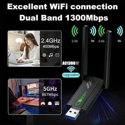محول واي فاي للكمبيوتر المكتبي، دونجل شبكة USB 3.0 AC1300Mbps لاسلكي مع هوائيات مزدوجة عالية الكسب 5dBi، نطاق مزدوج 2.4 جيجا هرتز/5 جيجا هرتز لأجهزة الكمبيوتر المحمول المتوافقة مع Windows11/10/8/7 in Saudi Arabia