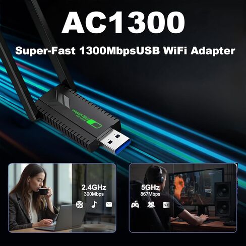 محول واي فاي للكمبيوتر المكتبي، دونجل شبكة USB 3.0 AC1300Mbps لاسلكي مع هوائيات مزدوجة عالية الكسب 5dBi، نطاق مزدوج 2.4 جيجا هرتز/5 جيجا هرتز لأجهزة الكمبيوتر المحمول المتوافقة مع Windows11/10/8/7 in Saudi Arabia