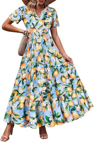 TIYOMI Plus Size Dress for Curvy Women 3X Short Sleeve Summer Plaid Maxi Dress V Neck Blue & White Gingham Dresses Church Wedding Guest Flowy Spring Dresses with Pockets 3XL 22W 24W in Saudi Arabia