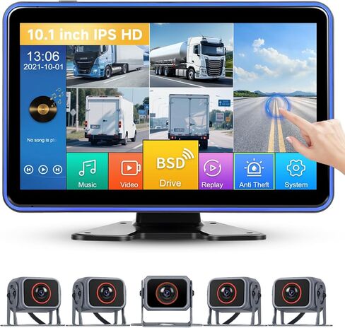 5 Channel Touchscreen Backup Camera Monitor for Truck/RV/Semi Trailer/Van/Cars, 10.1 Inch HD Night Vision backup system, Music& Video Blind Spot Warning Loop Record Waterproof Reverse Cameras USB Slot in Saudi Arabia