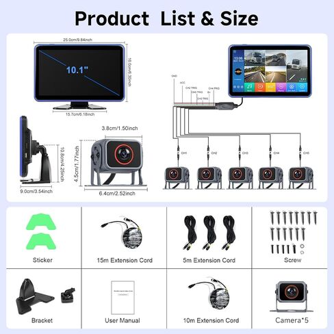 5 Channel Touchscreen Backup Camera Monitor for Truck/RV/Semi Trailer/Van/Cars, 10.1 Inch HD Night Vision backup system, Music& Video Blind Spot Warning Loop Record Waterproof Reverse Cameras USB Slot in Saudi Arabia