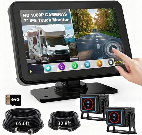 نظام الكاميرا الاحتياطية RV - كاميرات مزدوجة بدقة 1080 بكسل عالية الدقة مع شاشة لمس مقاس 7 بوصة، طقم سلكي للشاحنات والمقطورات والمركبات الترفيهية، يتضمن بطاقة ذاكرة سعة 64 جيجابايت in Kuwait