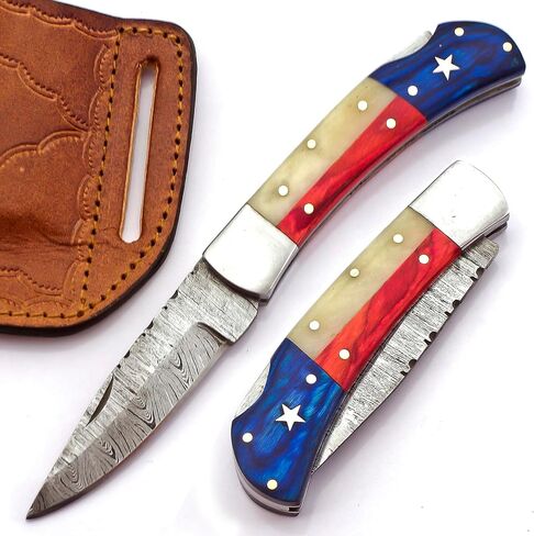 BLAYDZ Damascus Pocket Knife for men with Premium Leather Sheath - Damascus Folding Knife with Backlock - Folding Damascus Steel Knife with Texas Flag Handle (9067) in Saudi Arabia
