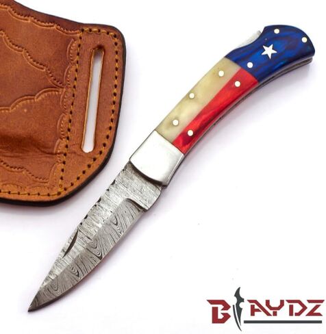BLAYDZ Damascus Pocket Knife for men with Premium Leather Sheath - Damascus Folding Knife with Backlock - Folding Damascus Steel Knife with Texas Flag Handle (9067) in Saudi Arabia