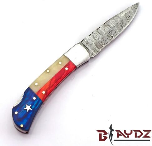 BLAYDZ Damascus Pocket Knife for men with Premium Leather Sheath - Damascus Folding Knife with Backlock - Folding Damascus Steel Knife with Texas Flag Handle (9067) in Saudi Arabia