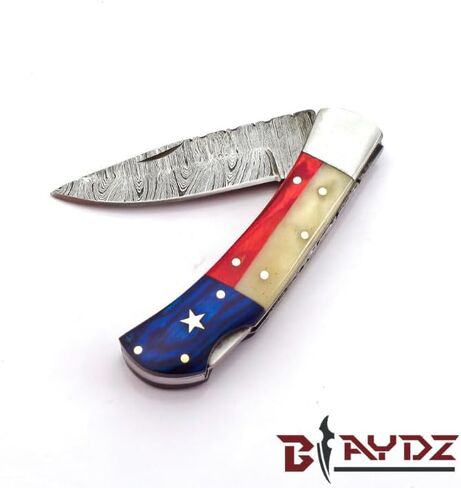BLAYDZ Damascus Pocket Knife for men with Premium Leather Sheath - Damascus Folding Knife with Backlock - Folding Damascus Steel Knife with Texas Flag Handle (9067) in Saudi Arabia