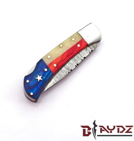 BLAYDZ Damascus Pocket Knife for men with Premium Leather Sheath - Damascus Folding Knife with Backlock - Folding Damascus Steel Knife with Texas Flag Handle (9067) in Saudi Arabia