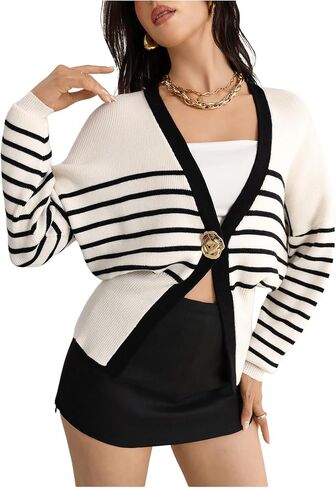 MakeMeChic Women's Striped Cardigan Metal Button Long Sleeve V Neck Y2K Sweater in Saudi Arabia
