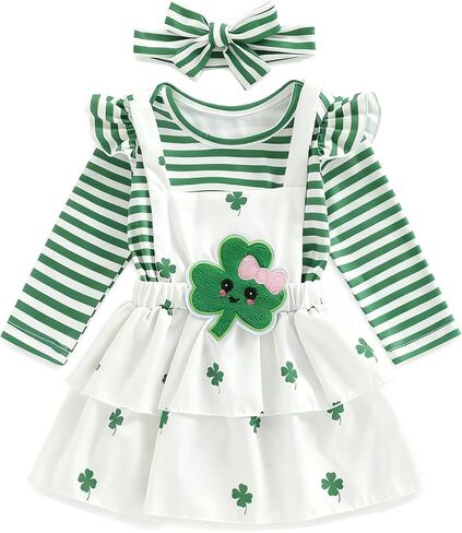 Thorn Tree St Patricks Day Baby Girl Outfit Long Sleeve Romper Onesie Suspenders Skirts Bow Headband 3Pcs Outfits Clothes in Saudi Arabia
